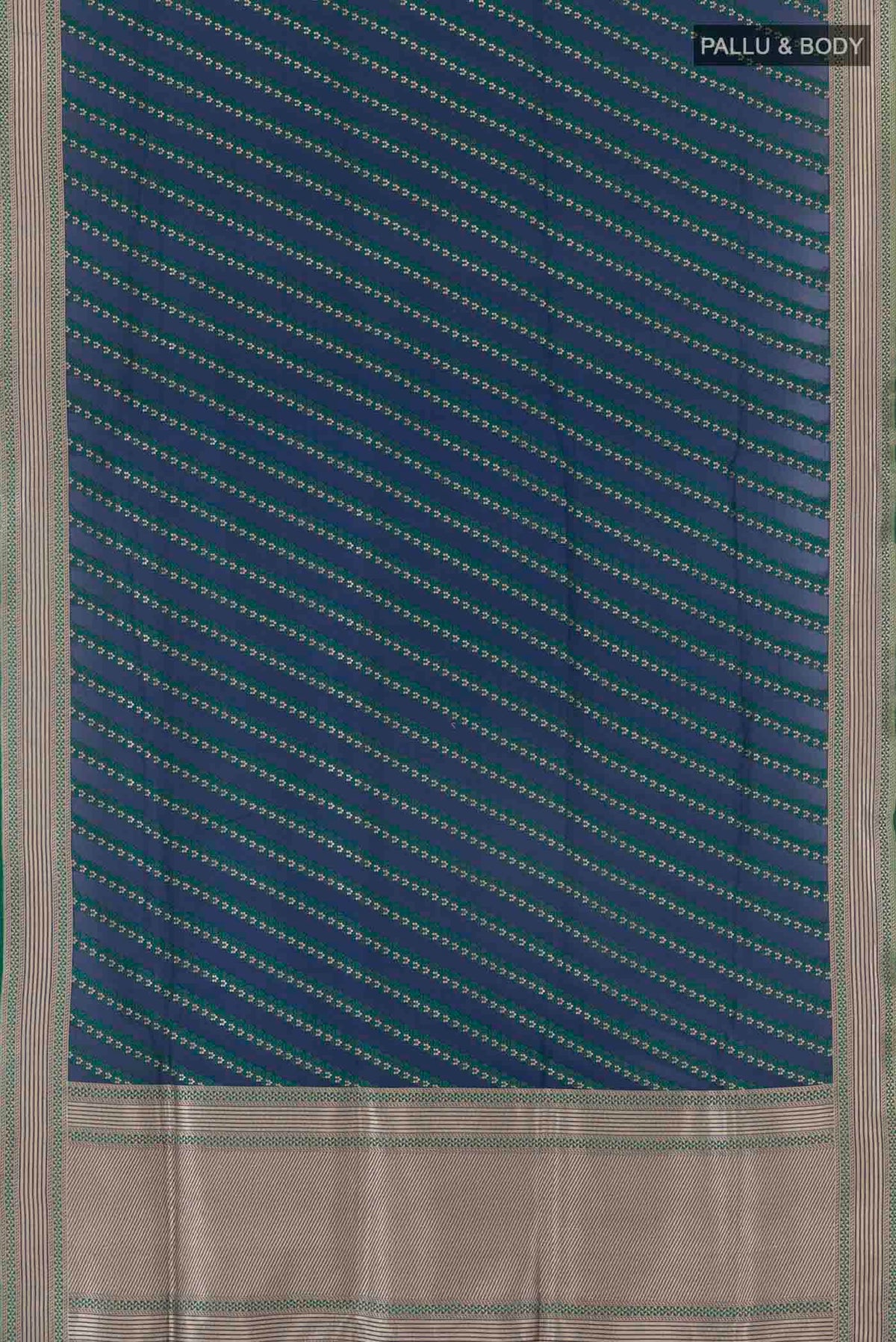 Flat view of Blue Banarasi Silk Saree with Stripes on the body and Zari Border