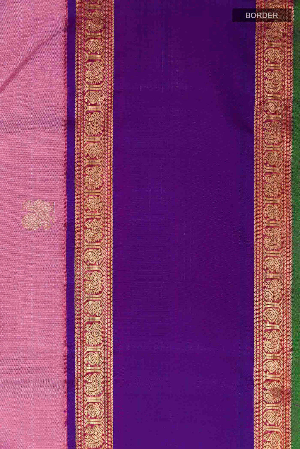 Border image of Pink Kanchipuram Silk Saree with Zari Butta on the body and Zari Border