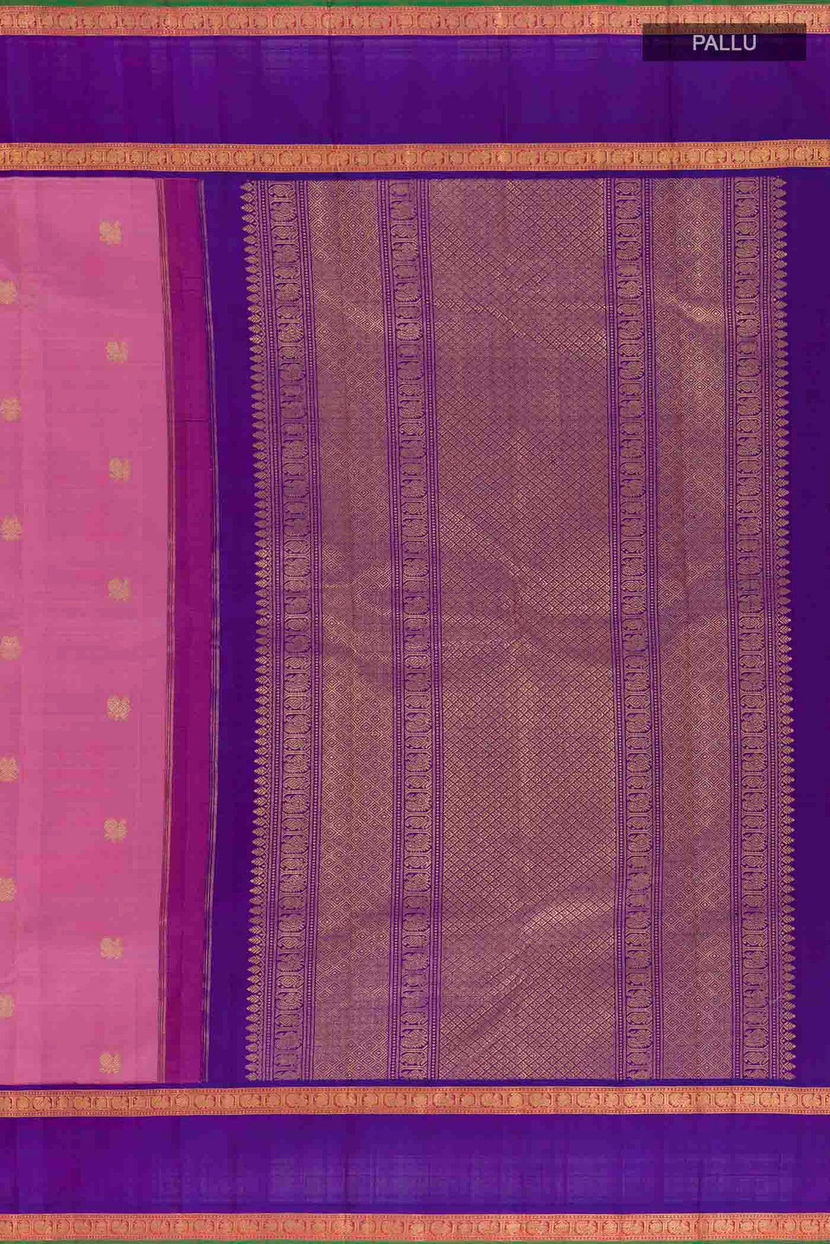 Close up image of the pallu of Pink Kanchipuram Silk Saree with Zari Butta on the body and Zari Border
