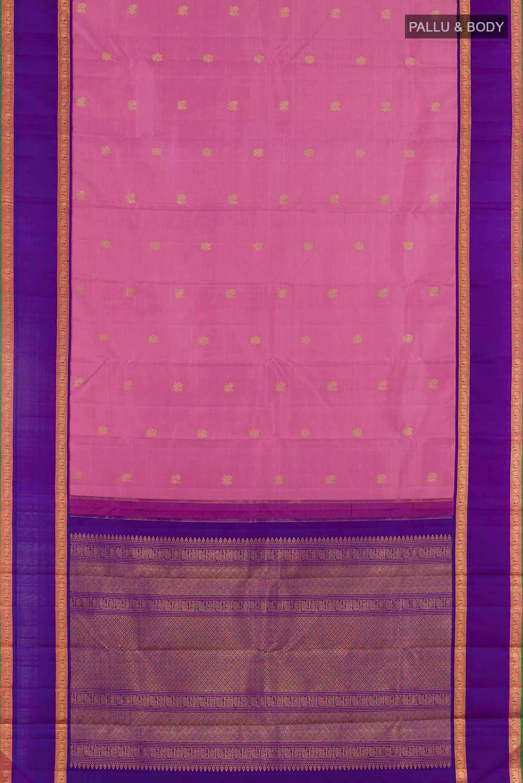 Flat view of Pink Kanchipuram Silk Saree with Zari Butta on the body and Zari Border