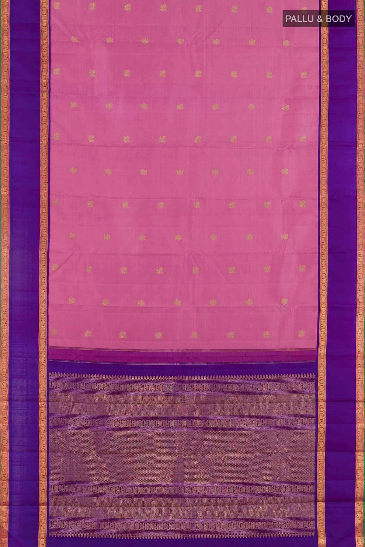 Flat view of Pink Kanchipuram Silk Saree with Zari Butta on the body and Zari Border
