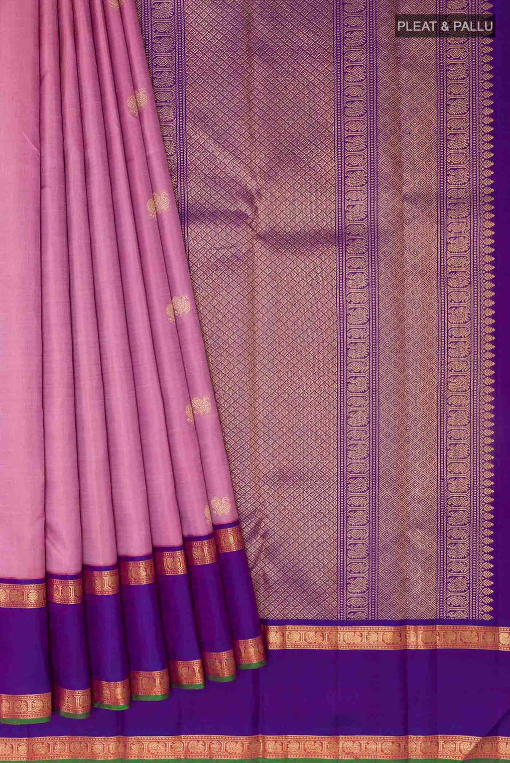Pleats and pallu of Pink Kanchipuram Silk Saree with Zari Butta on the body and Zari Border