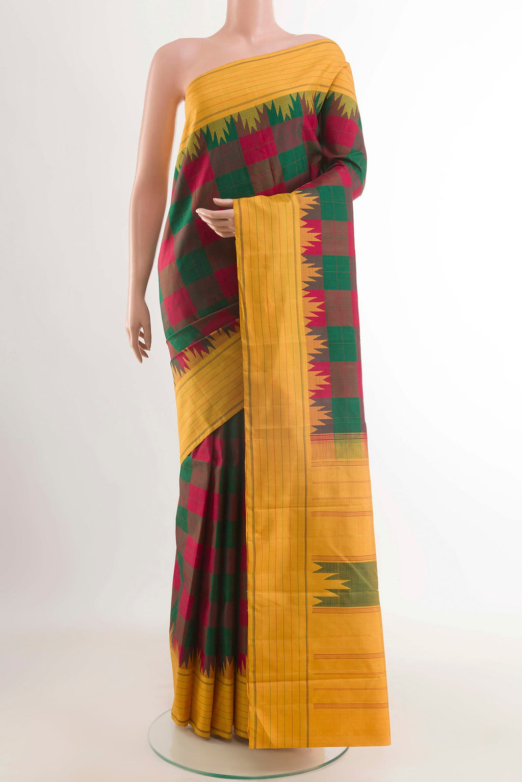 Multi Color Kanchipuram Silk Saree with Checked design on the body and Thread Border displayed on a mannequin