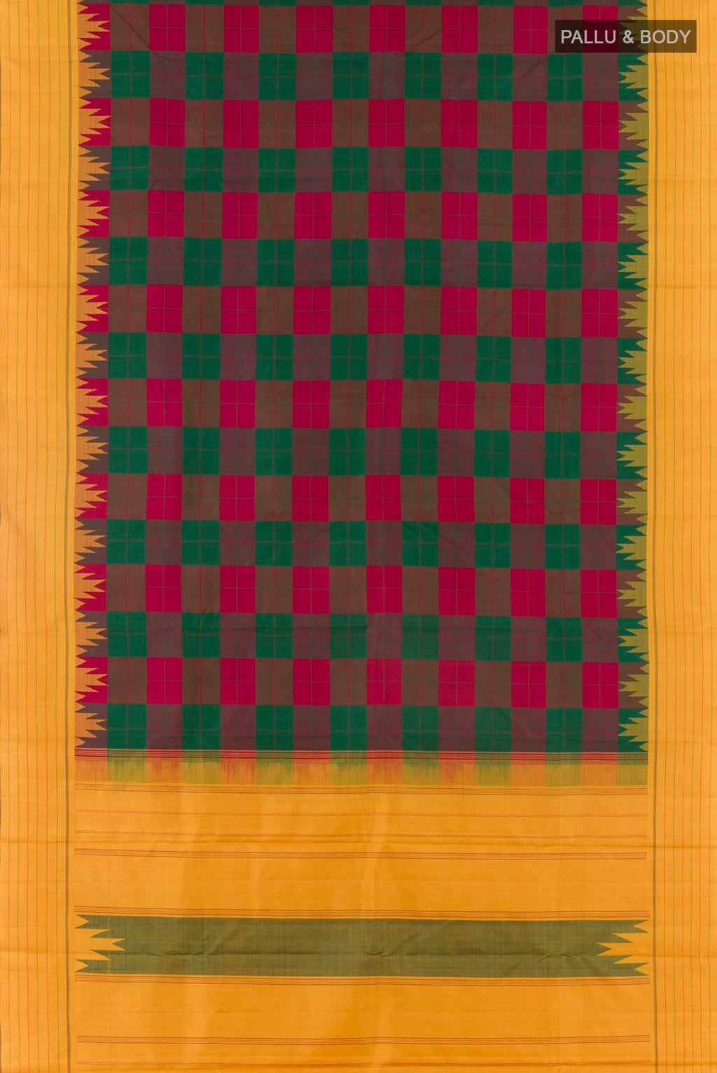 Flat view of Multi Color Kanchipuram Silk Saree with Checked design on the body and Thread Border