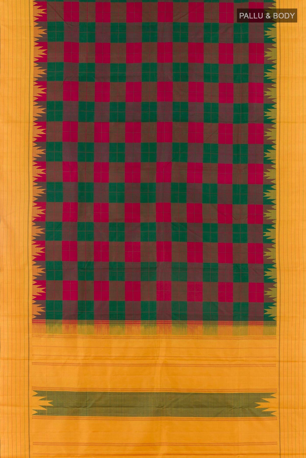 Flat view of Multi Color Kanchipuram Silk Saree with Checked design on the body and Thread Border