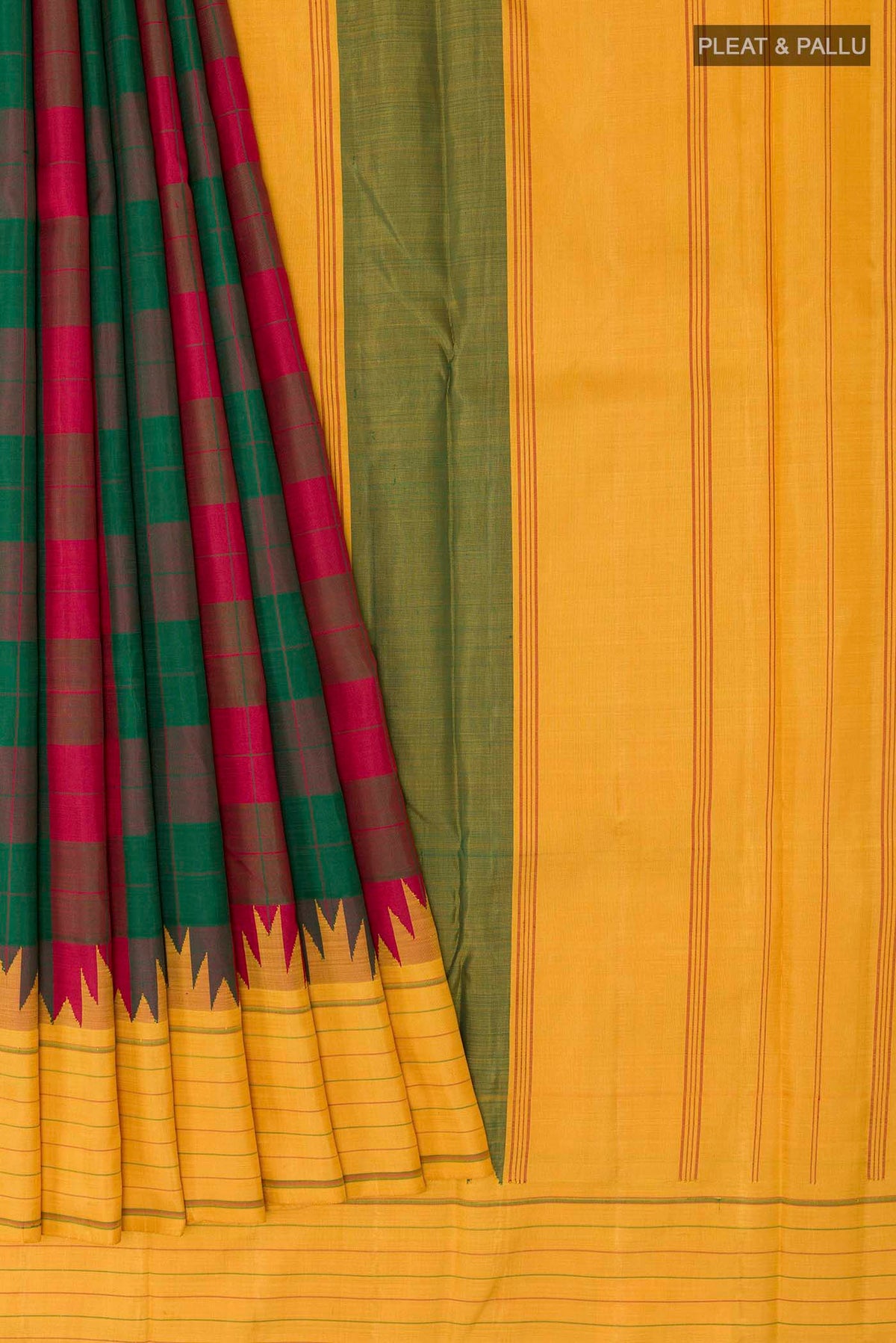 Pleats and pallu of Multi Color Kanchipuram Silk Saree with Checked design on the body and Thread Border