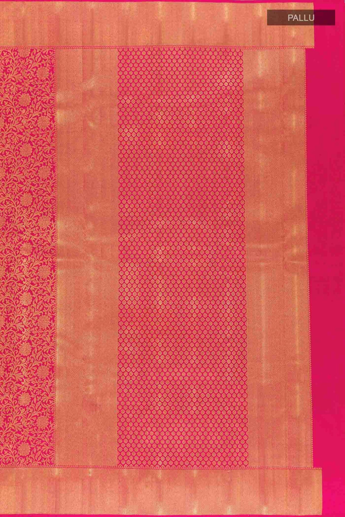 Close up image of the pallu of Pure Silk Pure Zari Pink Kanchipuram Saree with Zari Brocade on the body and Zari Border