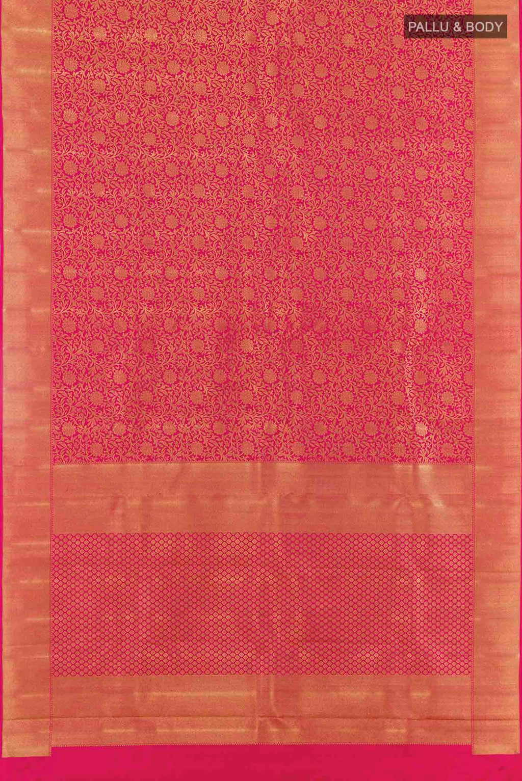Flat view of Pure Silk Pure Zari Pink Kanchipuram Saree with Zari Brocade on the body and Zari Border