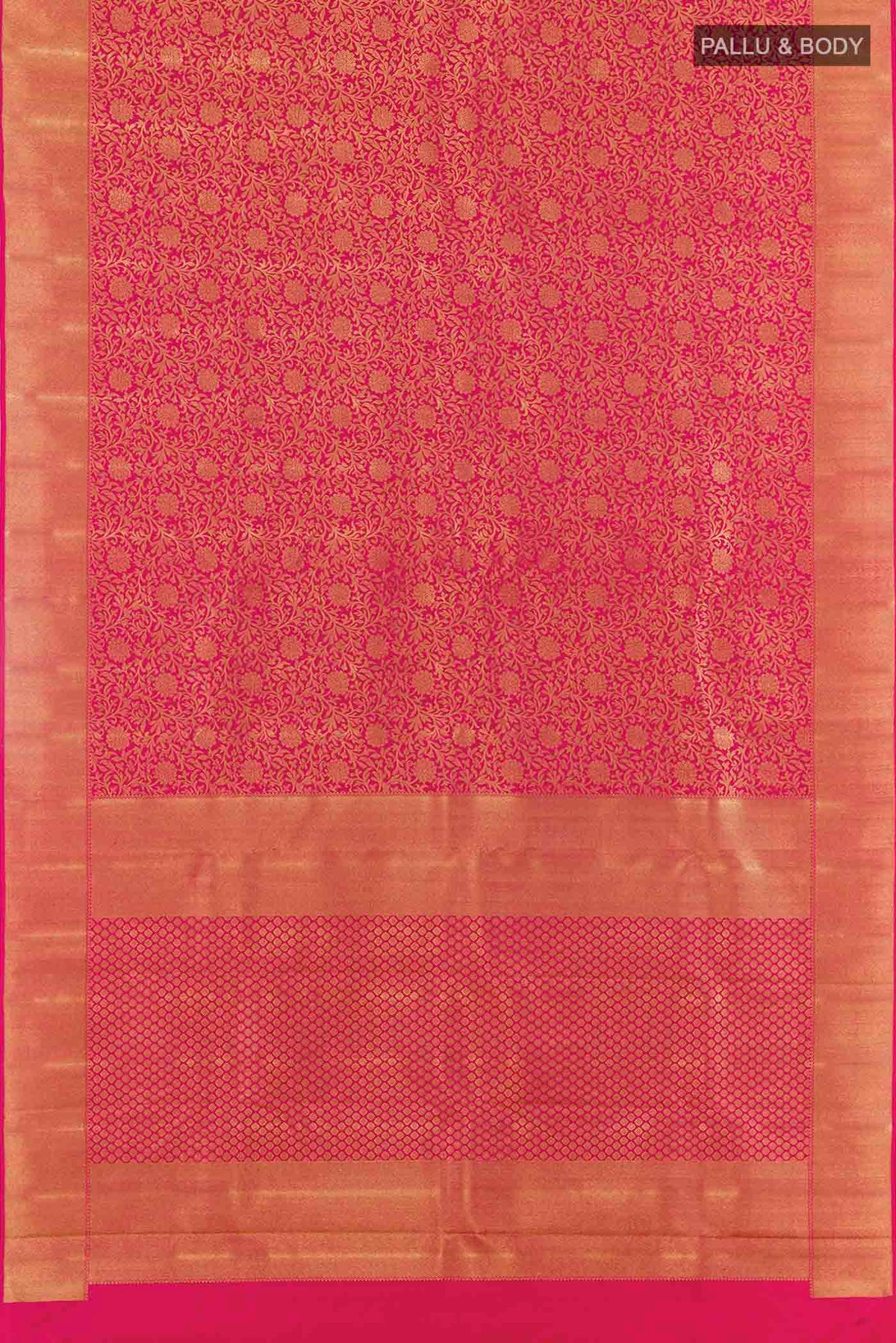 Flat view of Pure Silk Pure Zari Pink Kanchipuram Saree with Zari Brocade on the body and Zari Border