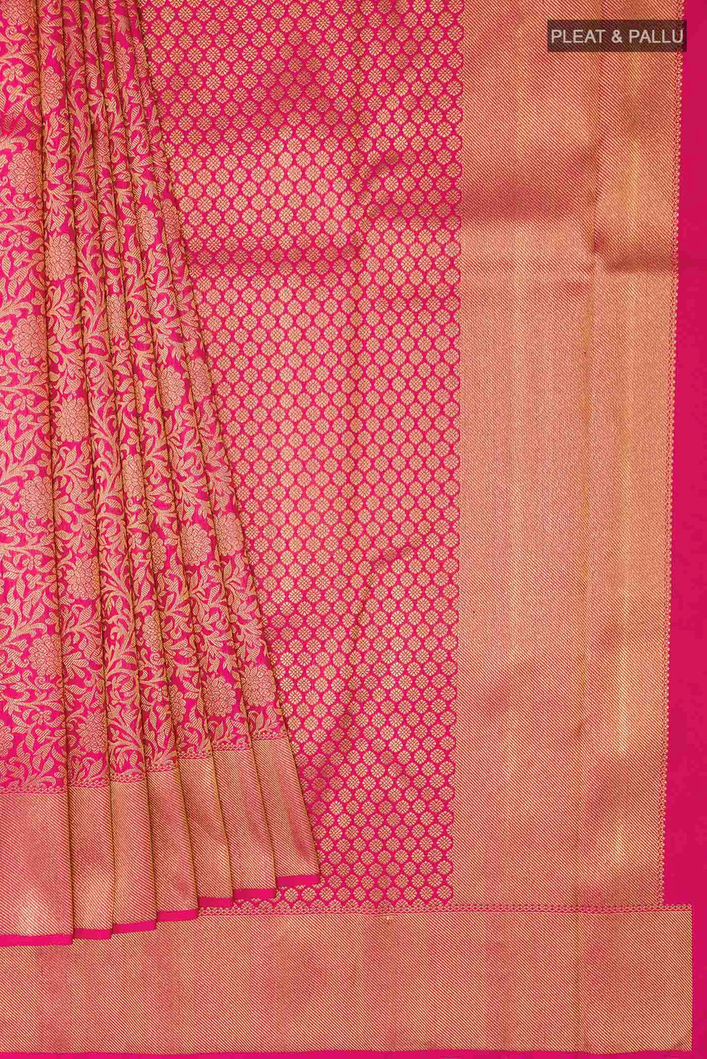 Pleats and pallu of Pure Silk Pure Zari Pink Kanchipuram Saree with Zari Brocade on the body and Zari Border
