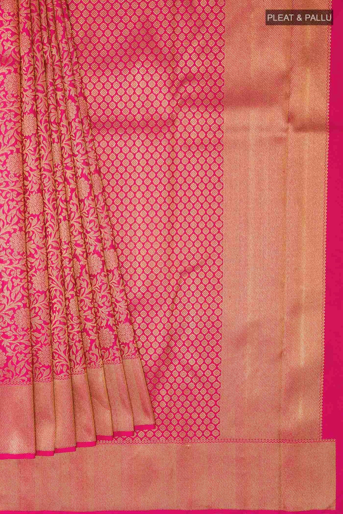 Pleats and pallu of Pure Silk Pure Zari Pink Kanchipuram Saree with Zari Brocade on the body and Zari Border
