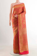 Red Kanchipuram Silk Saree with Zari Brocade on the body and Zari Border displayed on a mannequin
