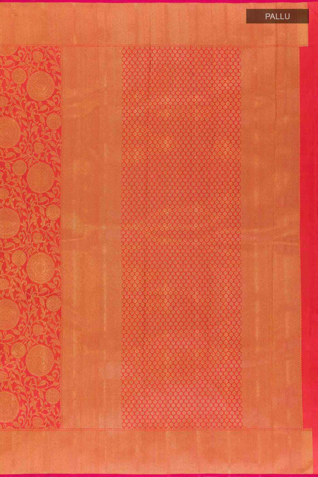Close up image of the pallu of Red Kanchipuram Silk Saree with Zari Brocade on the body and Zari Border