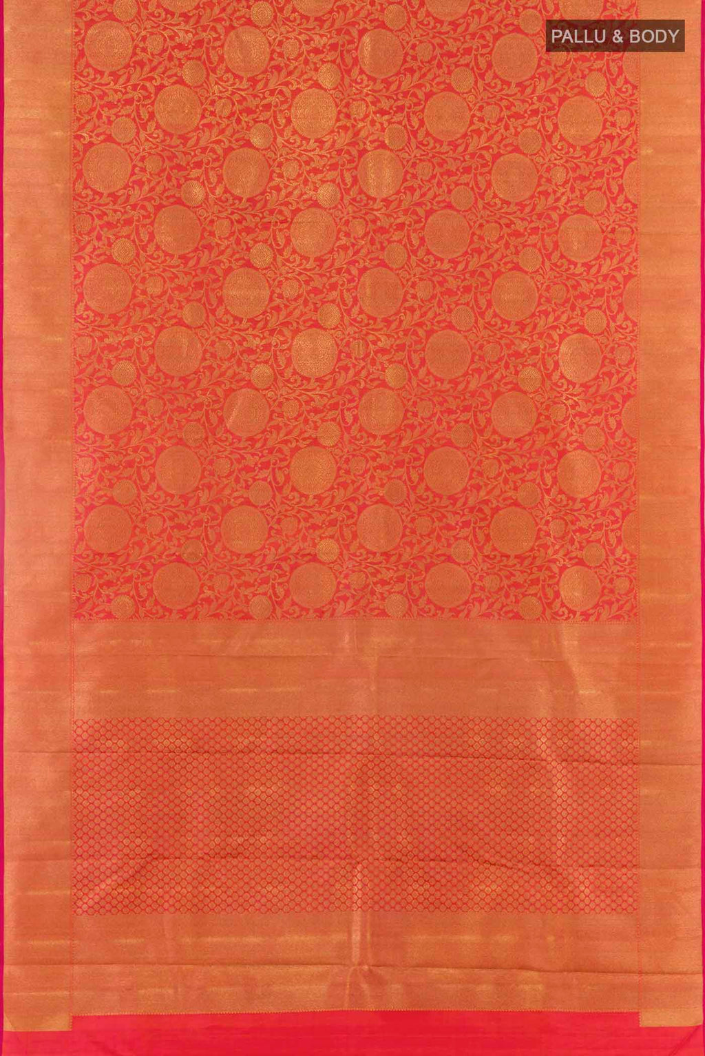 Flat view of Red Kanchipuram Silk Saree with Zari Brocade on the body and Zari Border