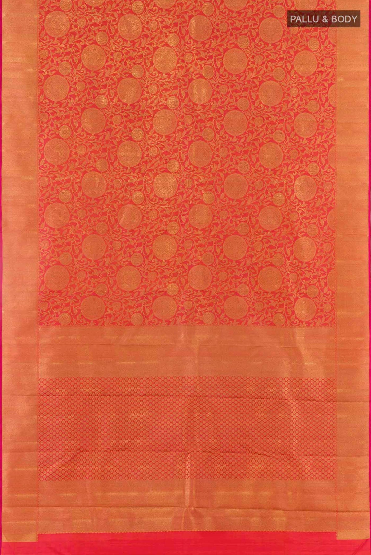 Flat view of Red Kanchipuram Silk Saree with Zari Brocade on the body and Zari Border