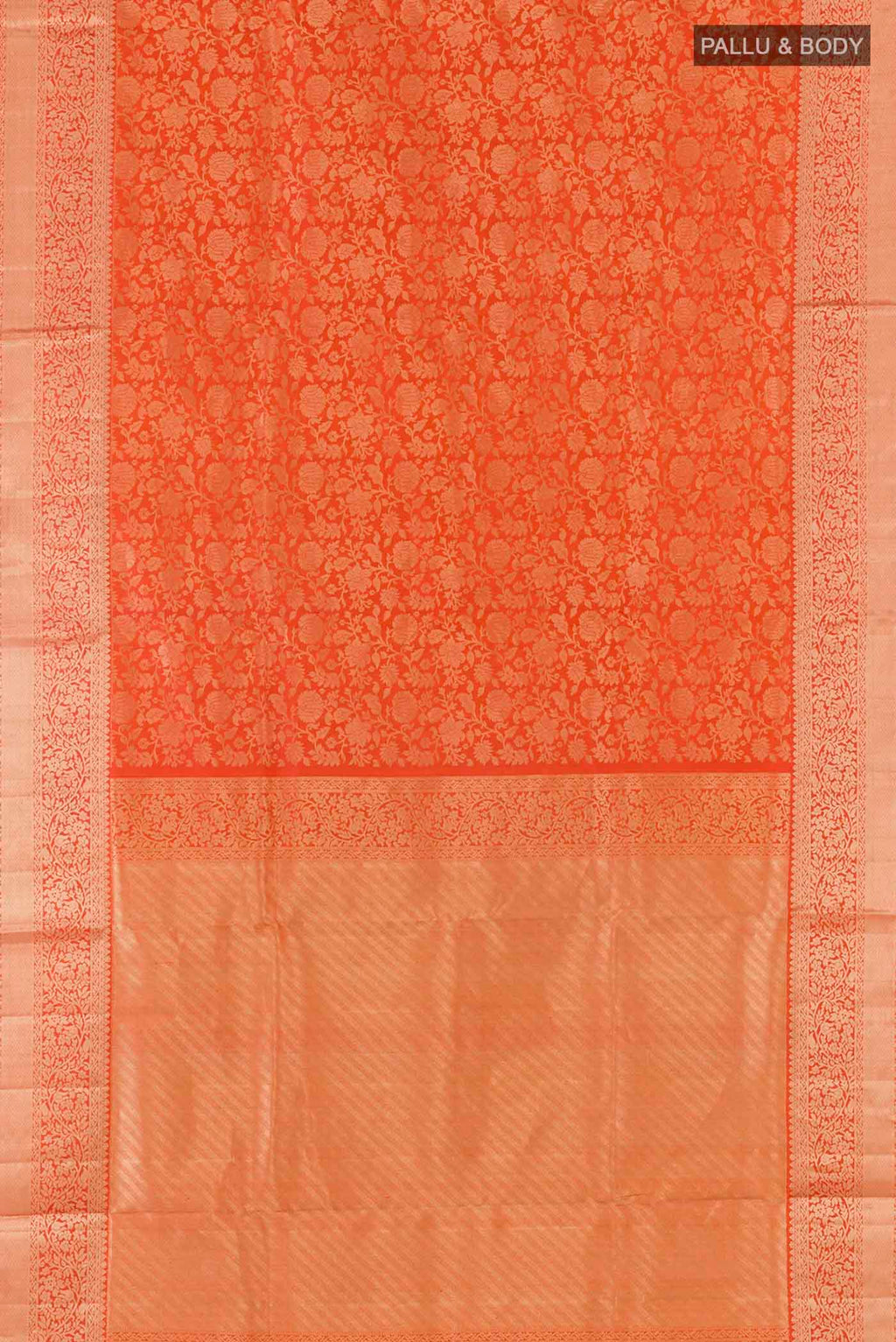Flat view of Orange Soft Silk Saree with Zari Brocade on the body and Zari Border