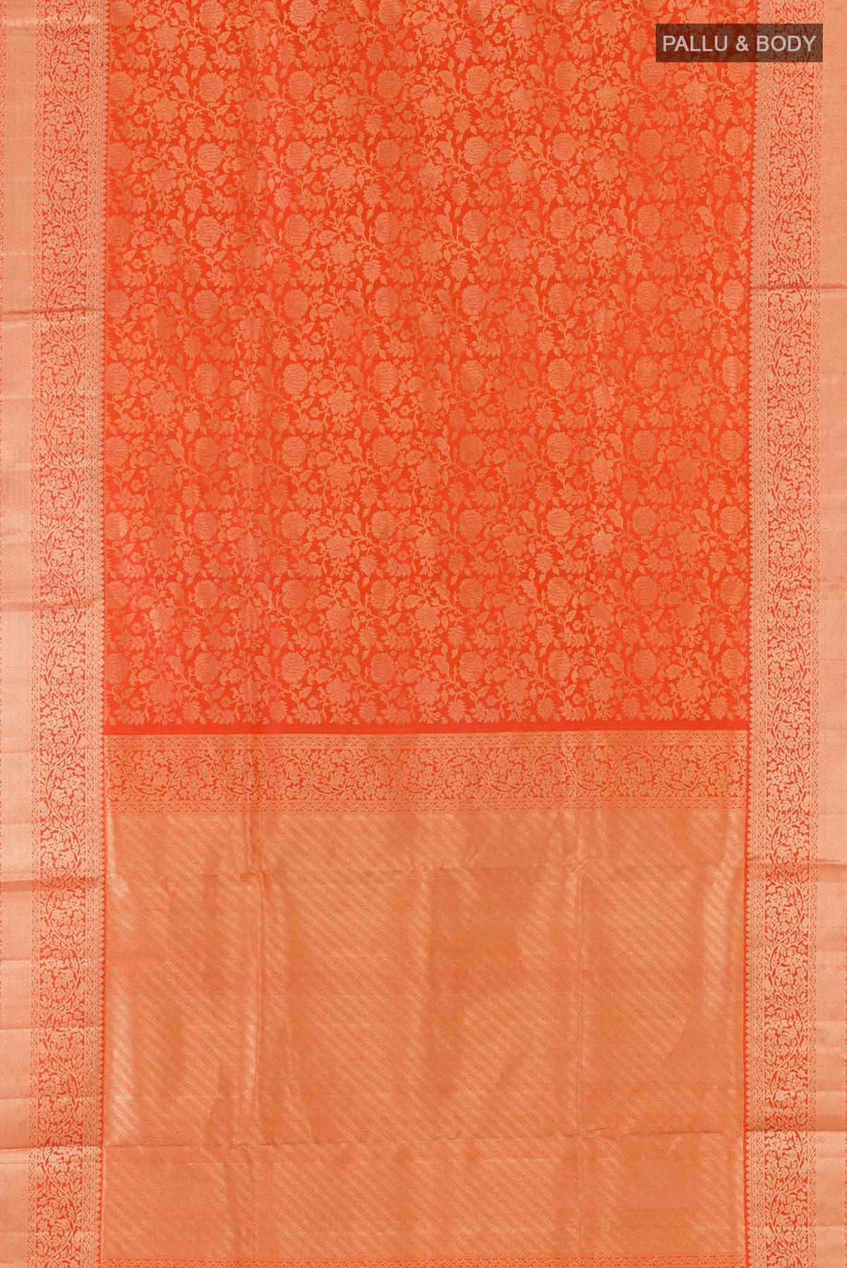 Flat view of Orange Soft Silk Saree with Zari Brocade on the body and Zari Border