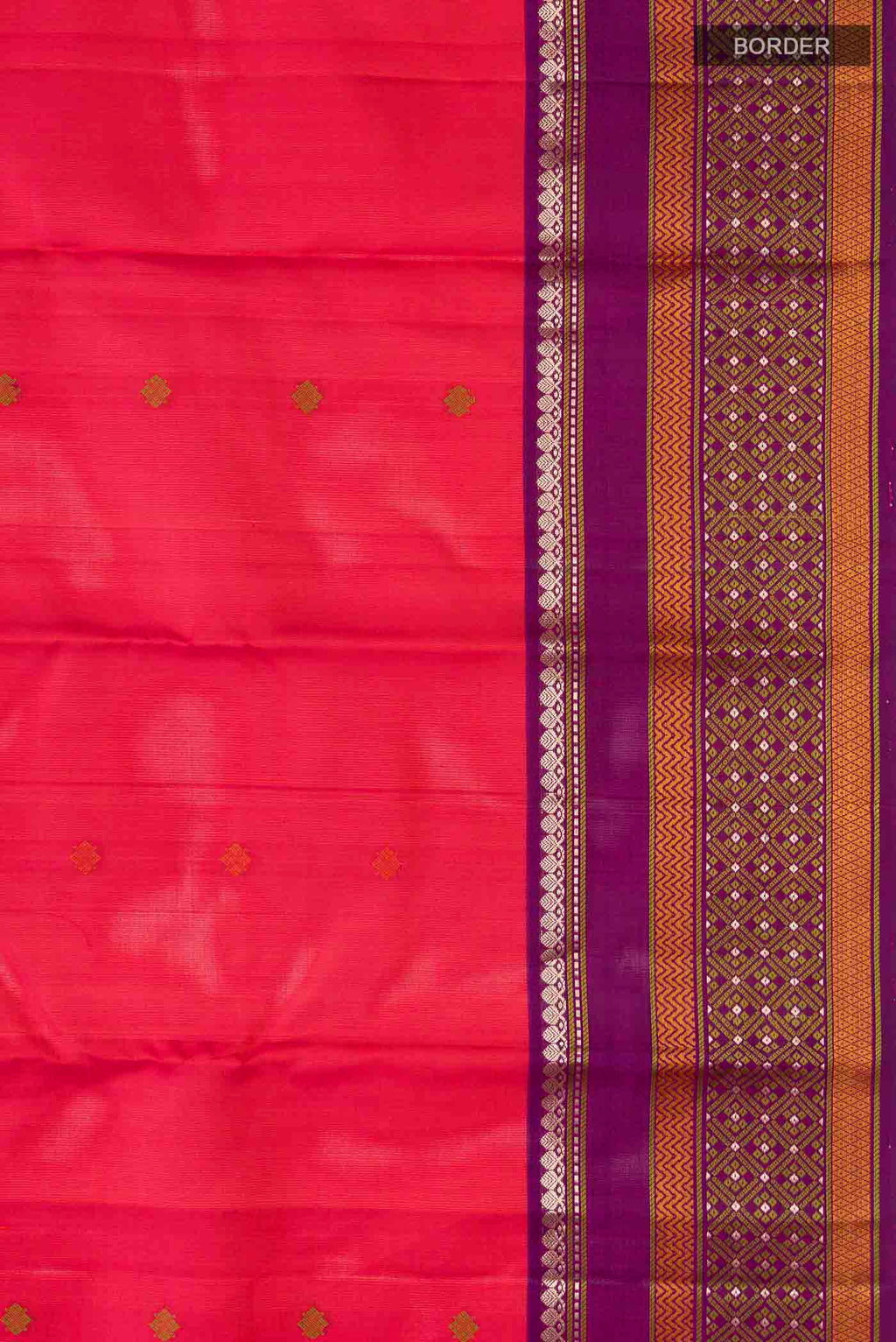 Border image of Pink with Orange Color Kanchipuram Silk Saree with Thread Butta on the body and Zari And Thread Border