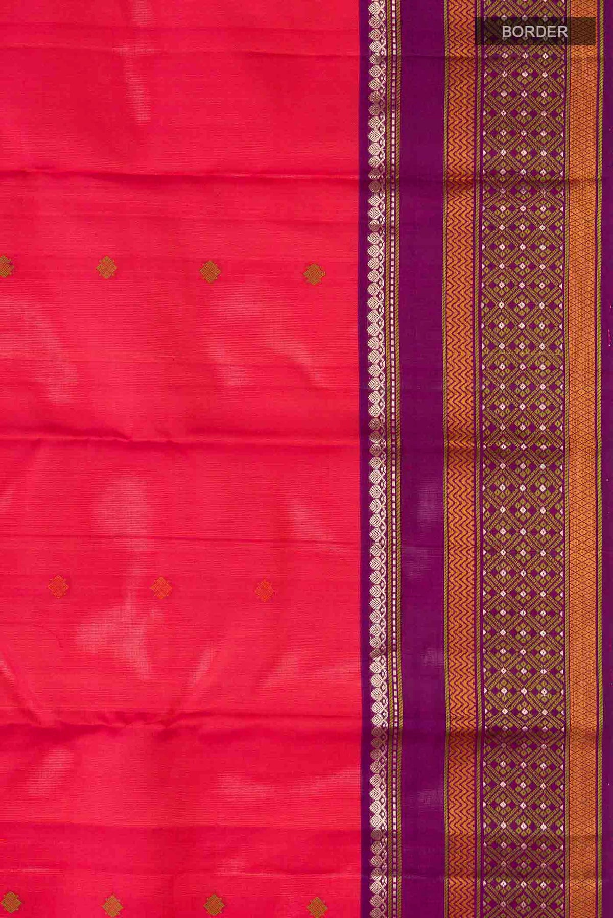 Border image of Pink with Orange Color Kanchipuram Silk Saree with Thread Butta on the body and Zari And Thread Border