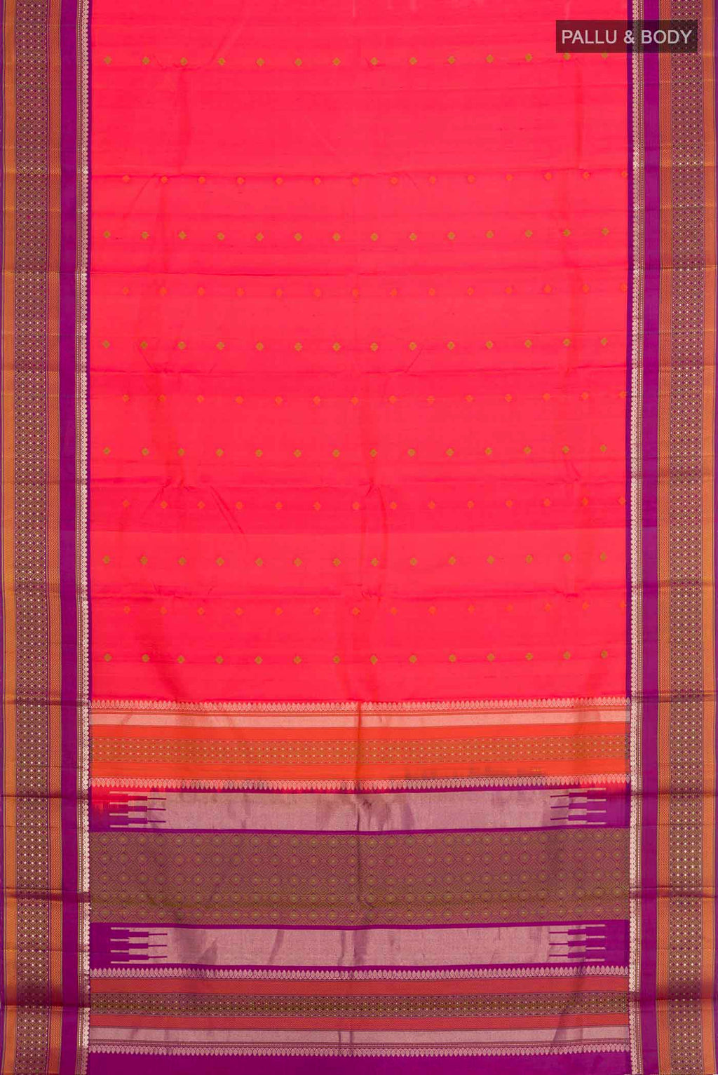 Flat view of Pink with Orange Color Kanchipuram Silk Saree with Thread Butta on the body and Zari And Thread Border