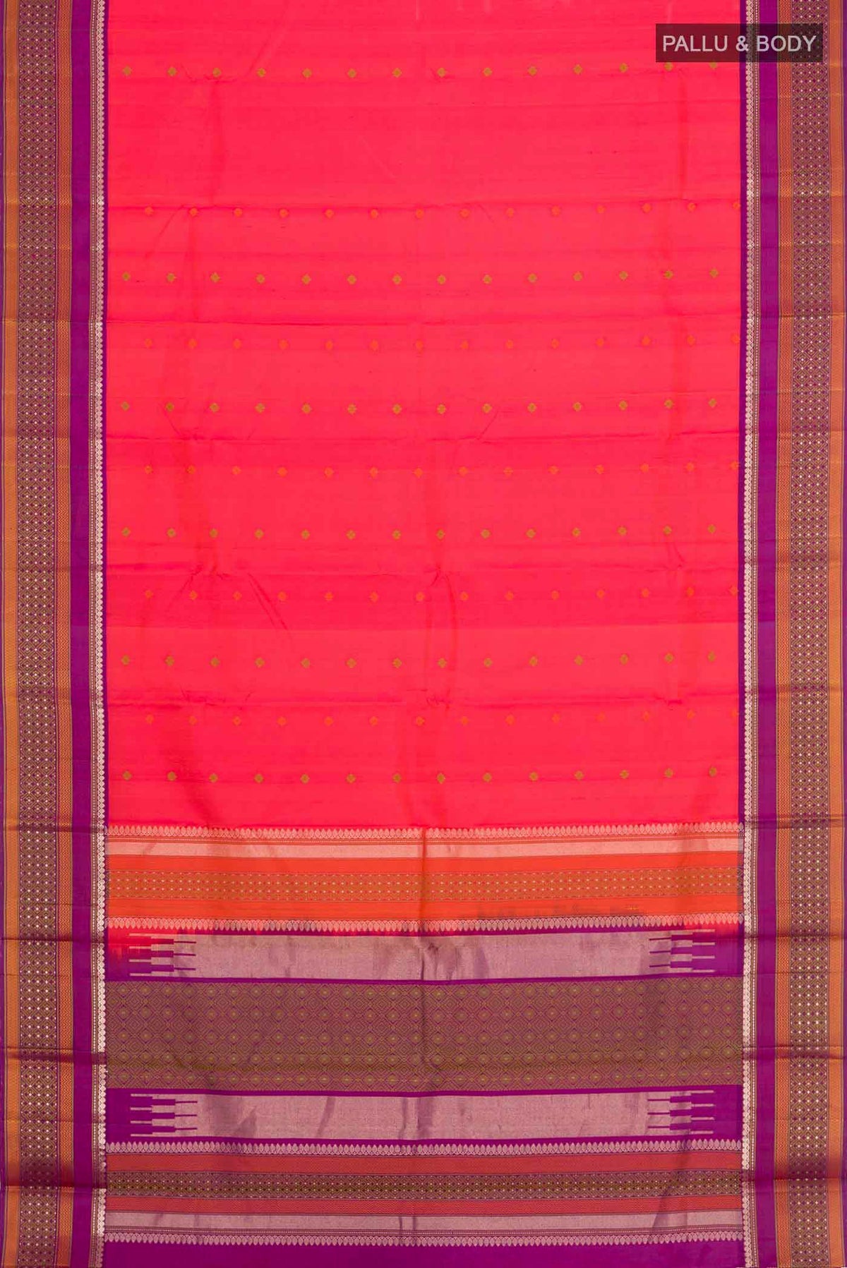 Flat view of Pink with Orange Color Kanchipuram Silk Saree with Thread Butta on the body and Zari And Thread Border