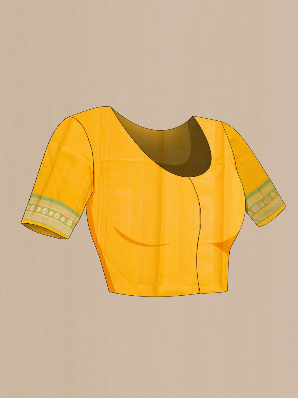 Close up image of the blouse of Yellow Kanchipuram Silk Saree with Thread Butta on the body and Zari And Thread Border