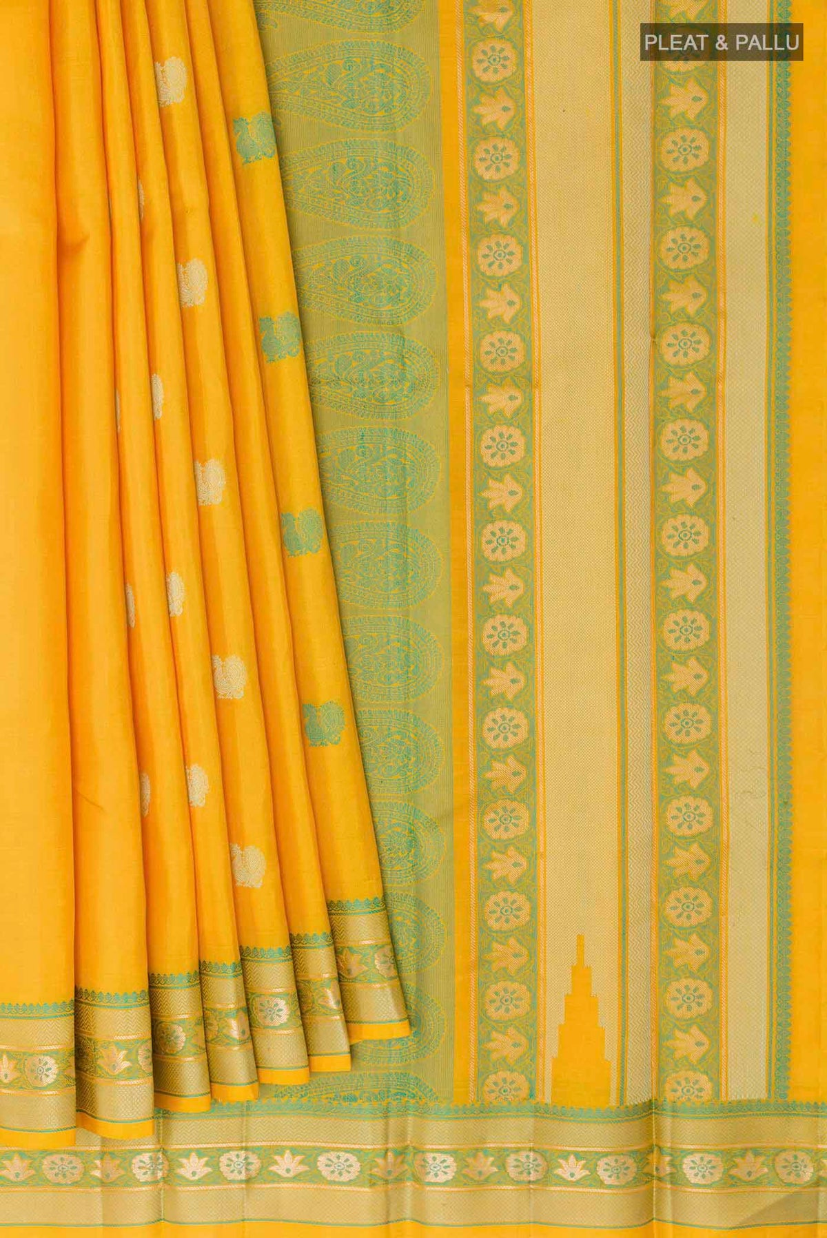 Pleats and pallu of Yellow Kanchipuram Silk Saree with Thread Butta on the body and Zari And Thread Border