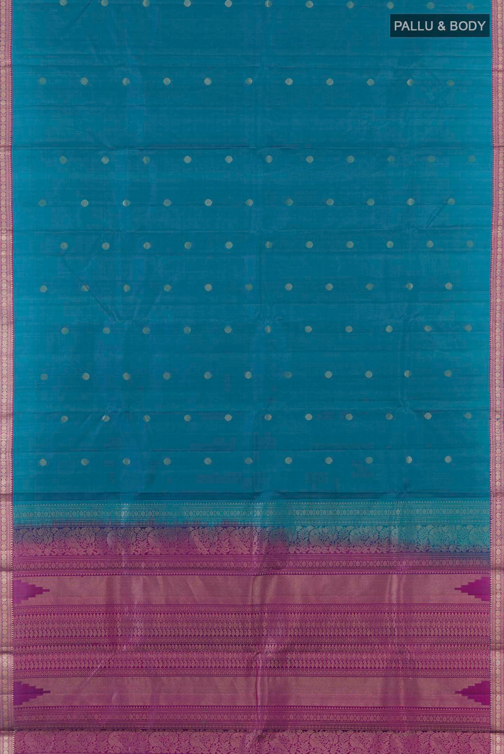 Flat view of Blue Kanchipuram Silk Saree with Zari Butta on the body and Zari Border