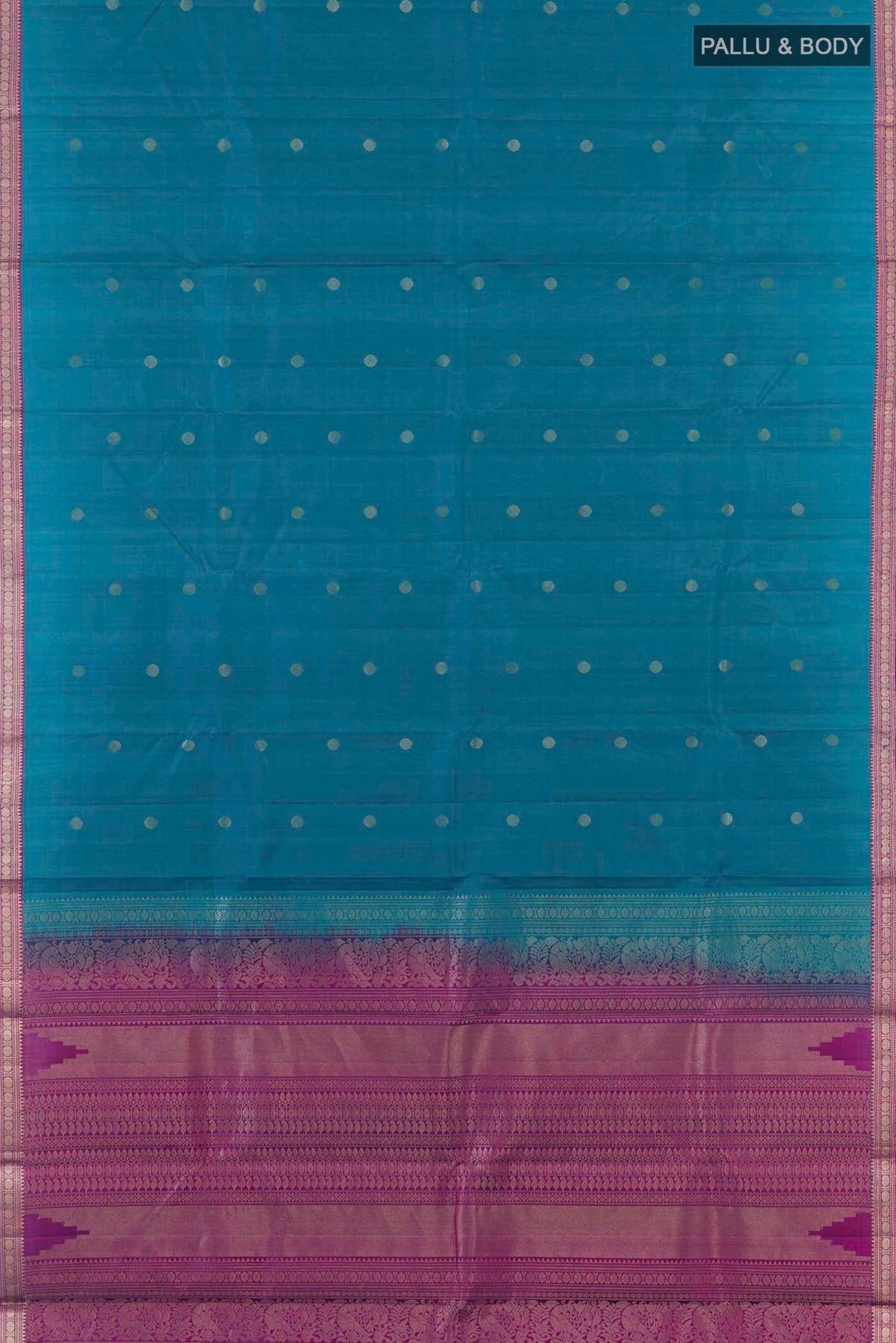 Flat view of Blue Kanchipuram Silk Saree with Zari Butta on the body and Zari Border