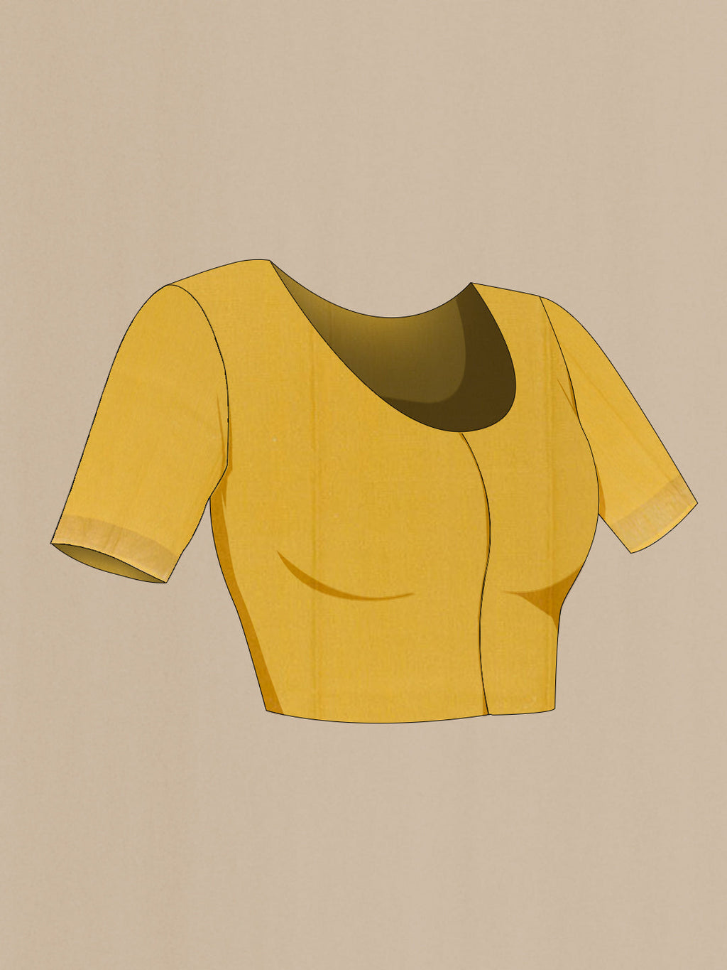 Close up image of the blouse of Yellow Tussar Silk Saree with Printed design on the body and Zari Border. 