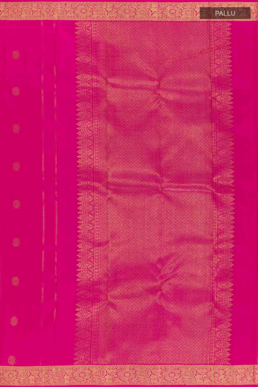 Close up image of the pallu of Pink Kanchipuram Silk Saree with Jacquard With Zari Butta on the body and Zari Border
