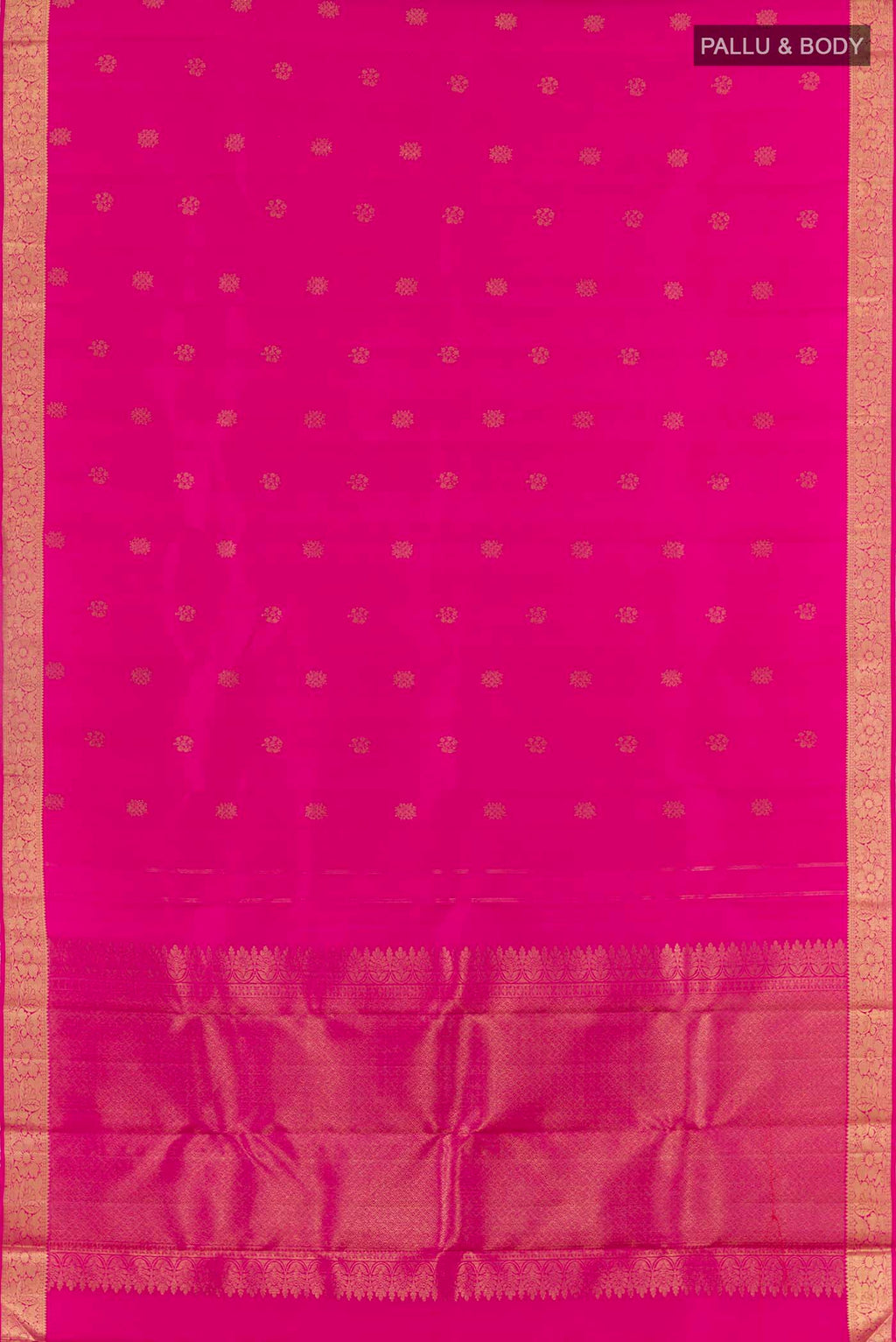 Flat view of Pink Kanchipuram Silk Saree with Jacquard With Zari Butta on the body and Zari Border