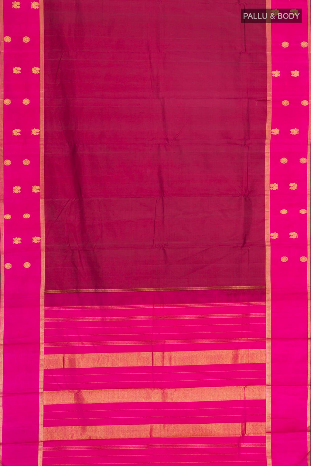 Flat view of Maroon Kanchipuram Silk Saree with Plain Body and Zari Border