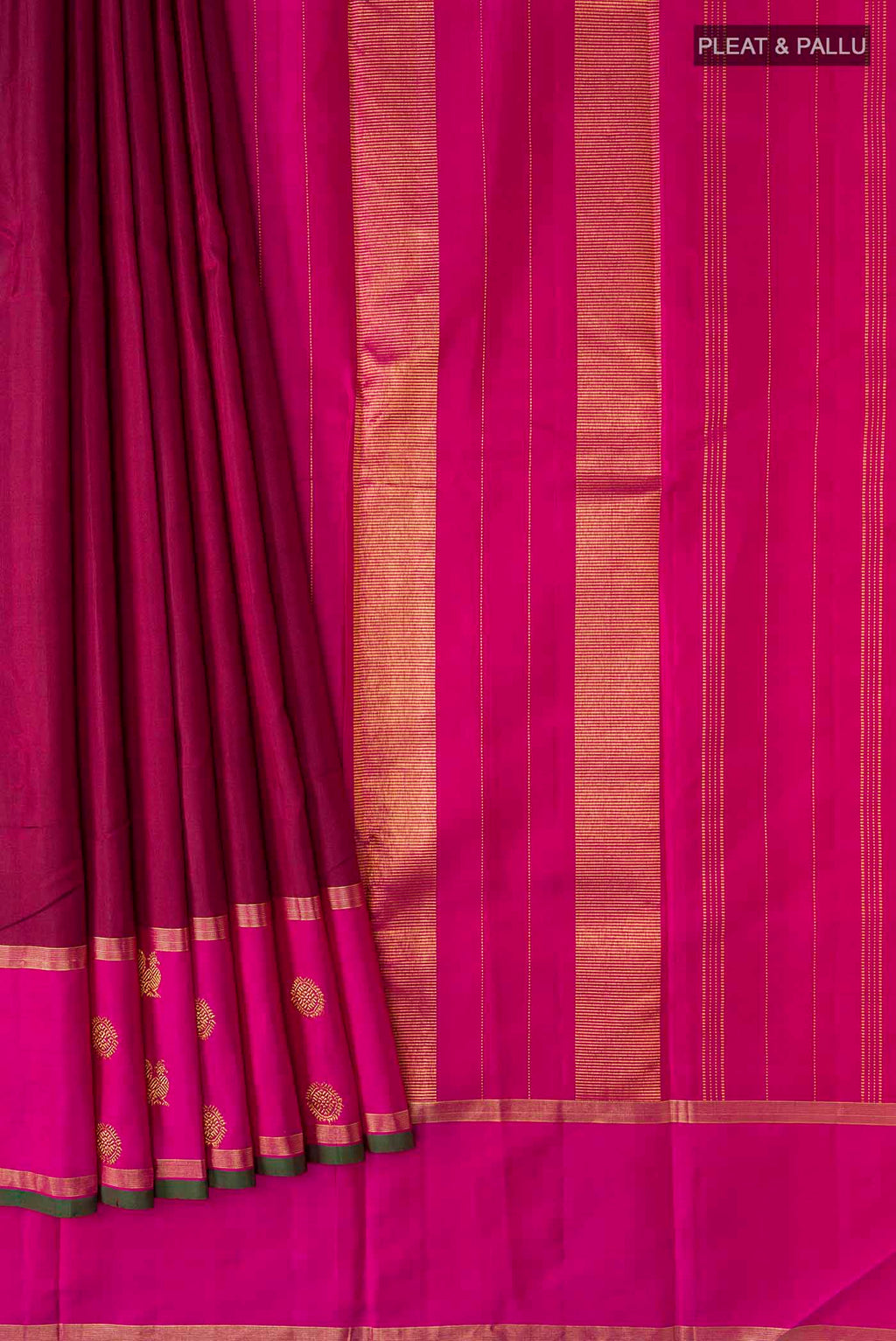 Pleats and pallu of Maroon Kanchipuram Silk Saree with Plain Body and Zari Border