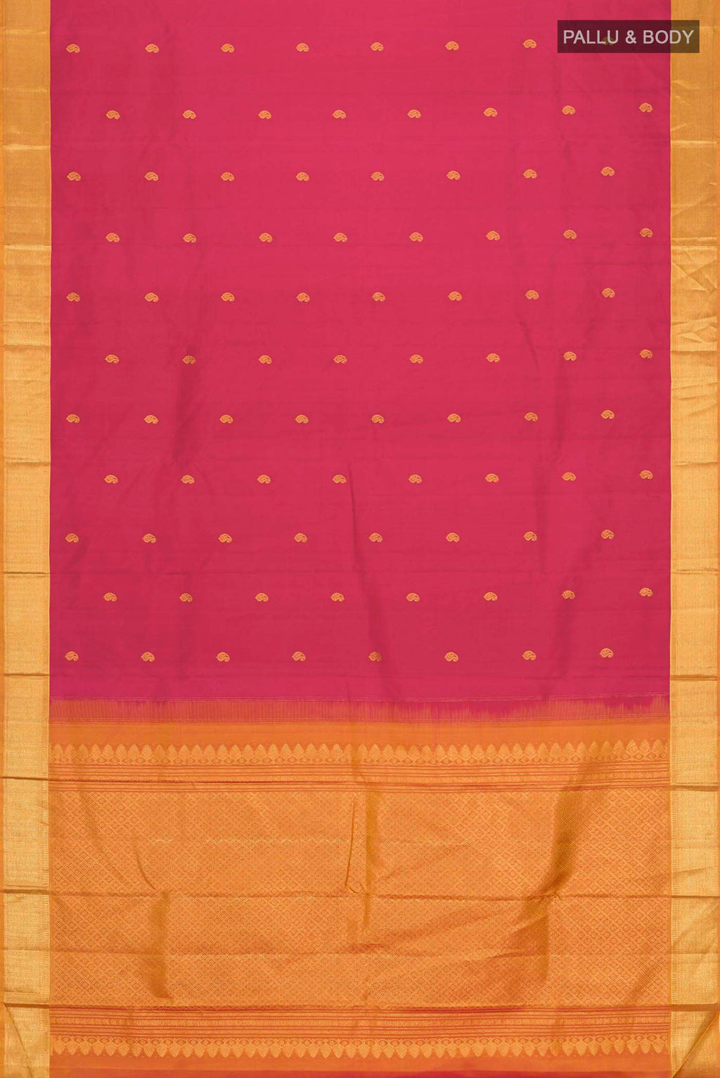 Flat view of Pink Kanchipuram Silk Saree with Zari Butta on the body and Zari Border