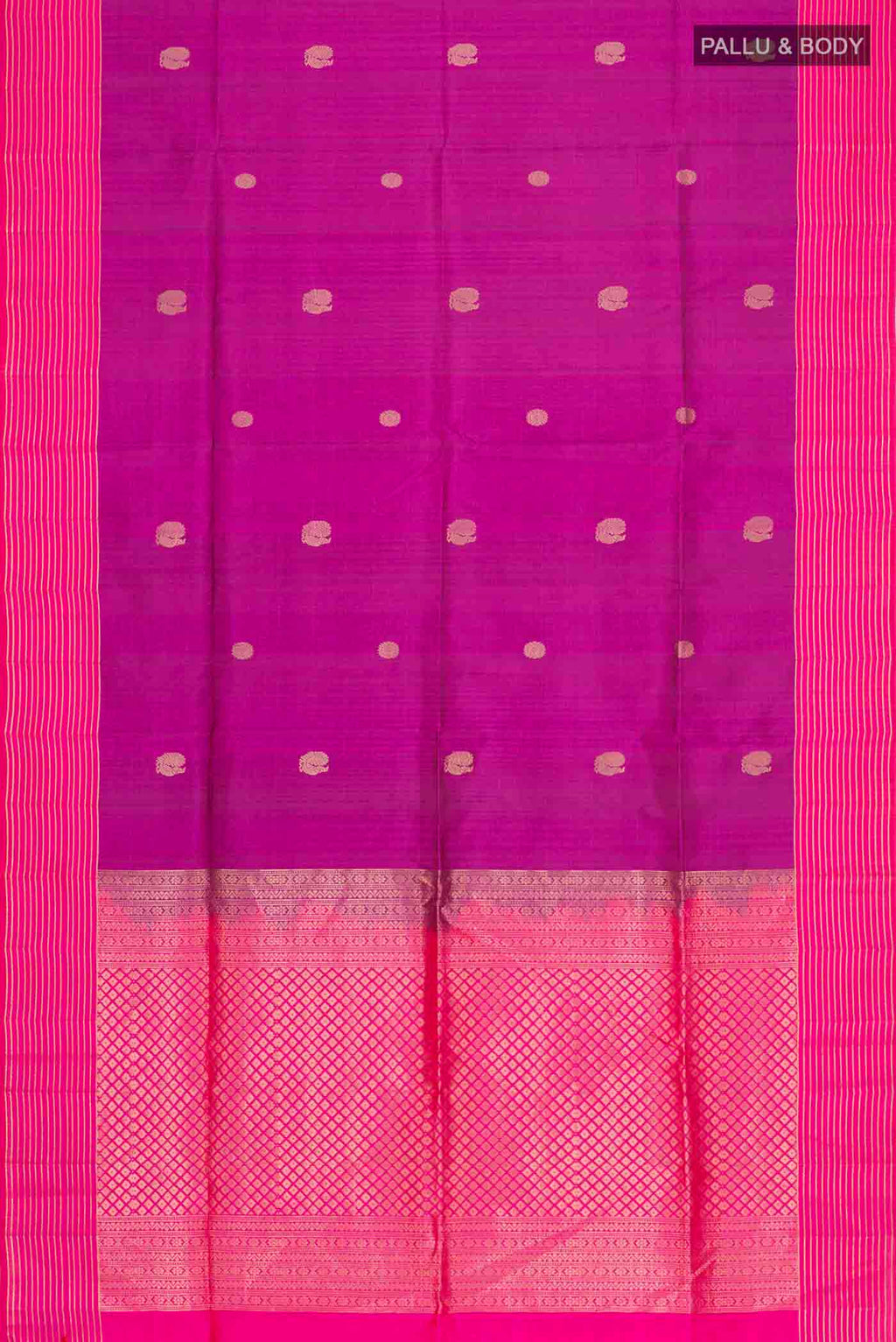 Flat view of Purple Soft Silk Saree with Zari Butta on the body and Zari Border