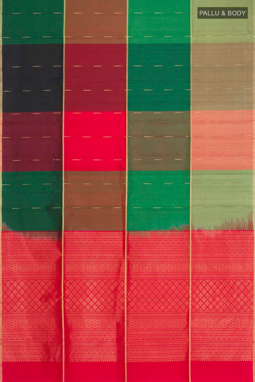 Flat view of Green Soft Silk Saree with Zari Butta on the body and Zari Border