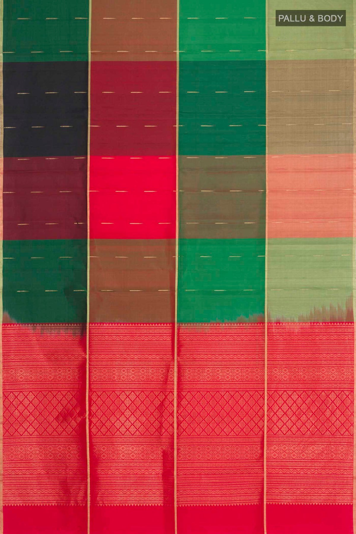 Flat view of Green Soft Silk Saree with Zari Butta on the body and Zari Border