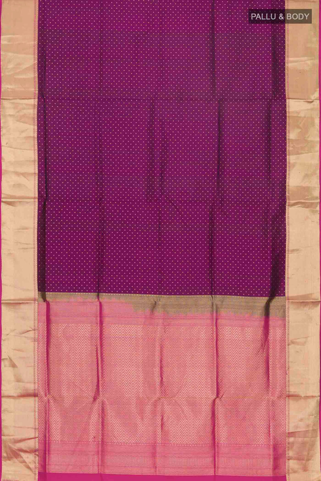 Flat view of Purple Soft Silk Saree with Zari Butta on the body and Zari Border