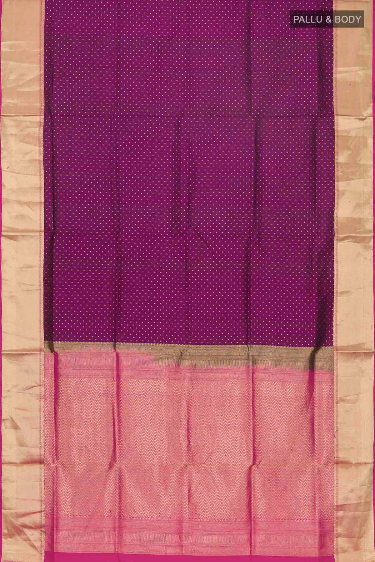 Flat view of Purple Soft Silk Saree with Zari Butta on the body and Zari Border