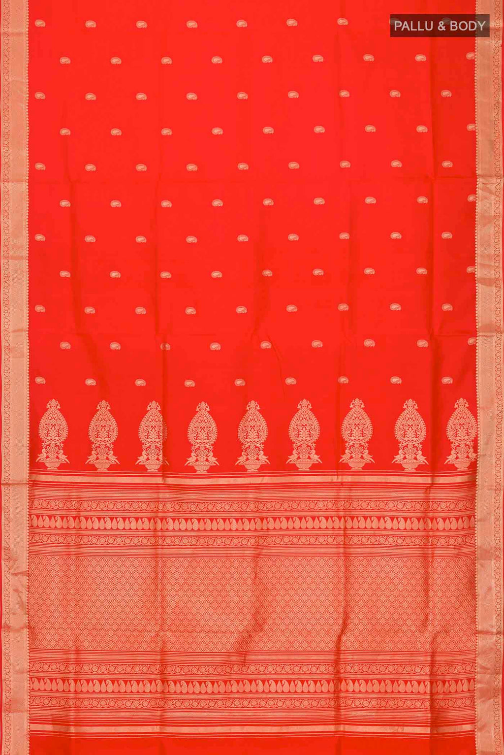 Flat view of Orange Soft Silk Saree with Zari Butta on the body and Zari Border