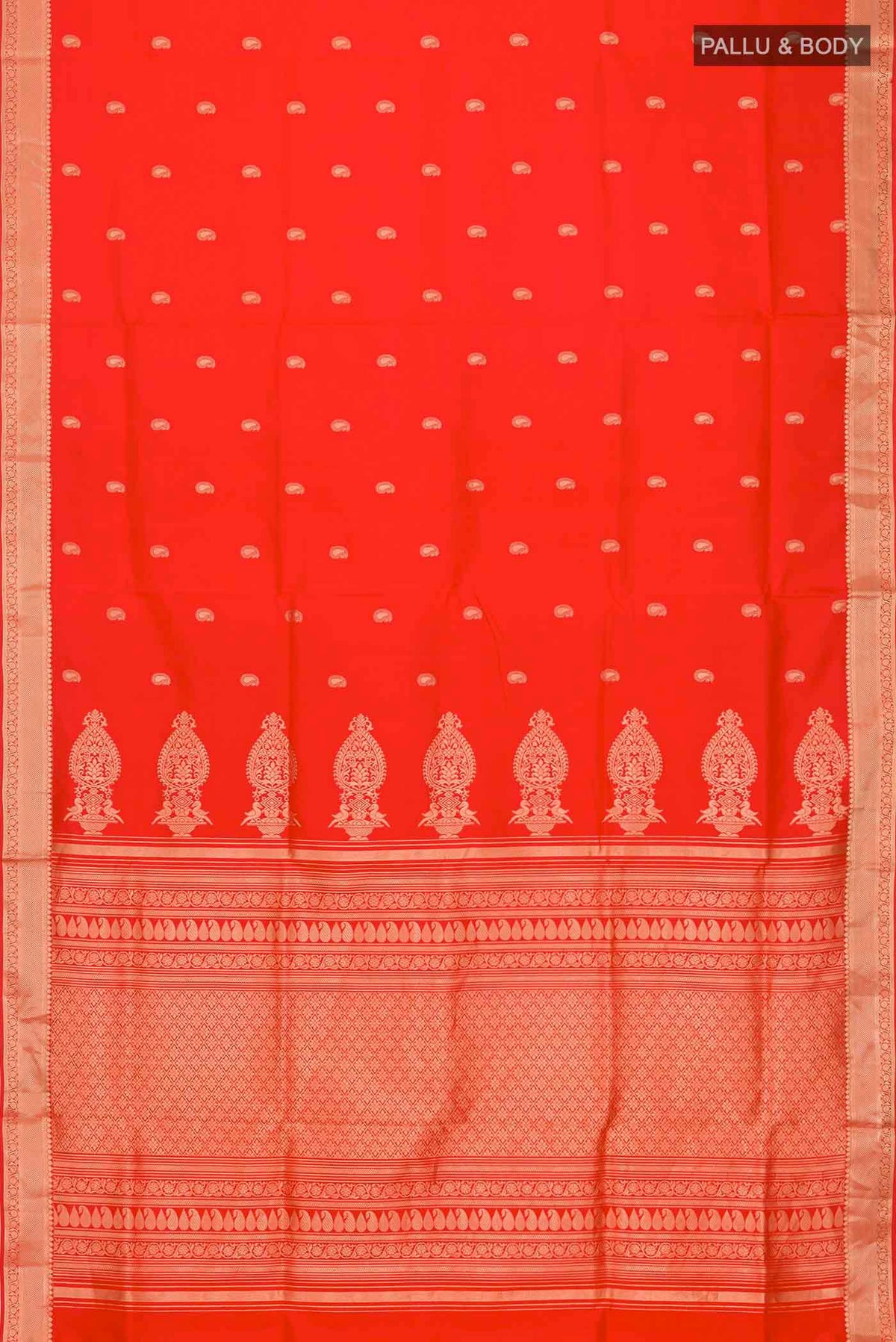 Flat view of Orange Soft Silk Saree with Zari Butta on the body and Zari Border