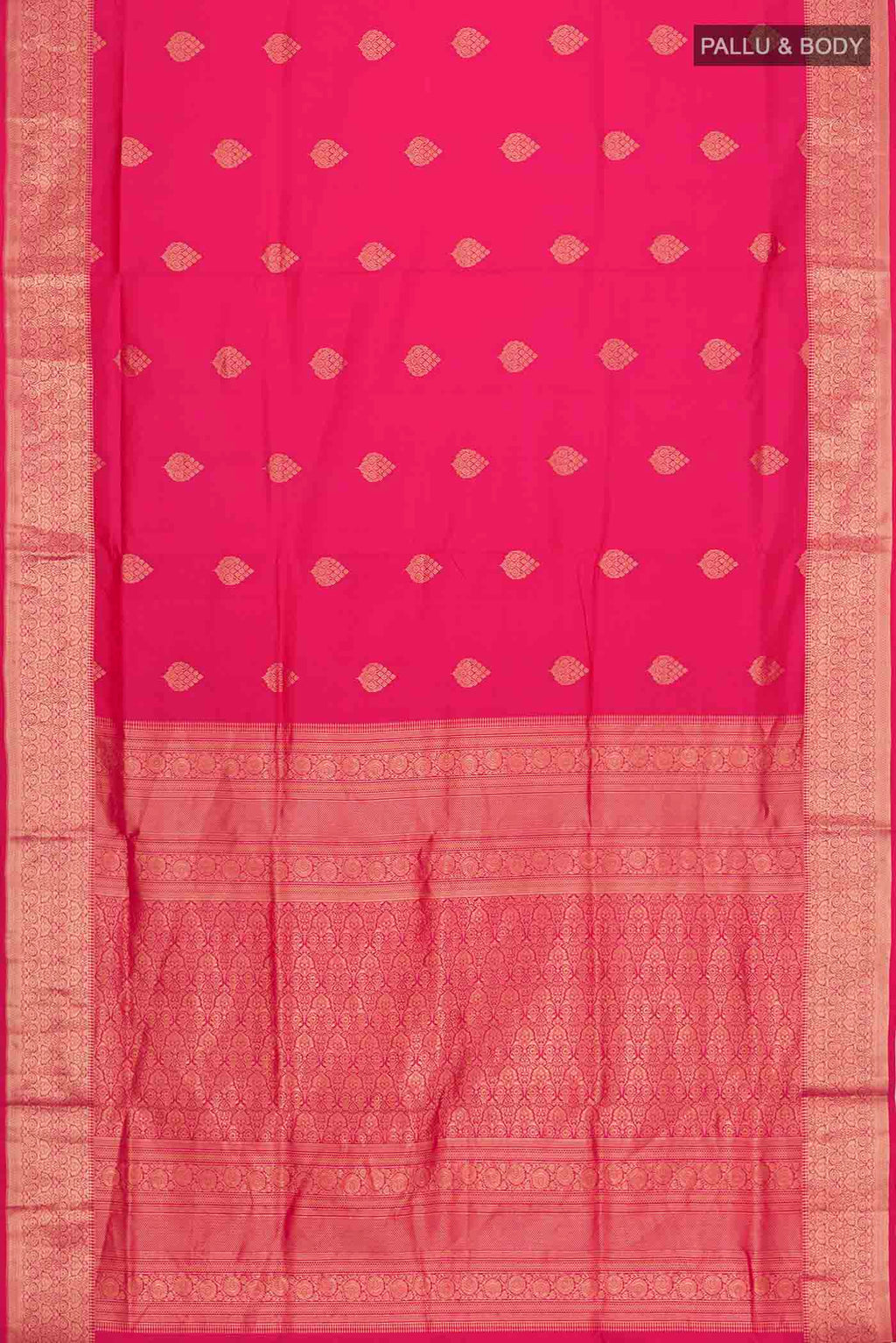 Flat view of Pink Soft Silk Saree with Zari Butta on the body and Zari Border