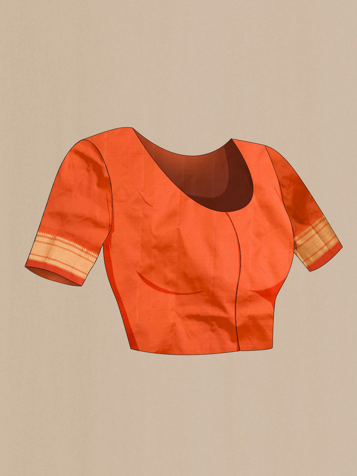 Close up image of the blouse of Orange Paithani Silk Saree with Zari Butta on the body and Zari Border