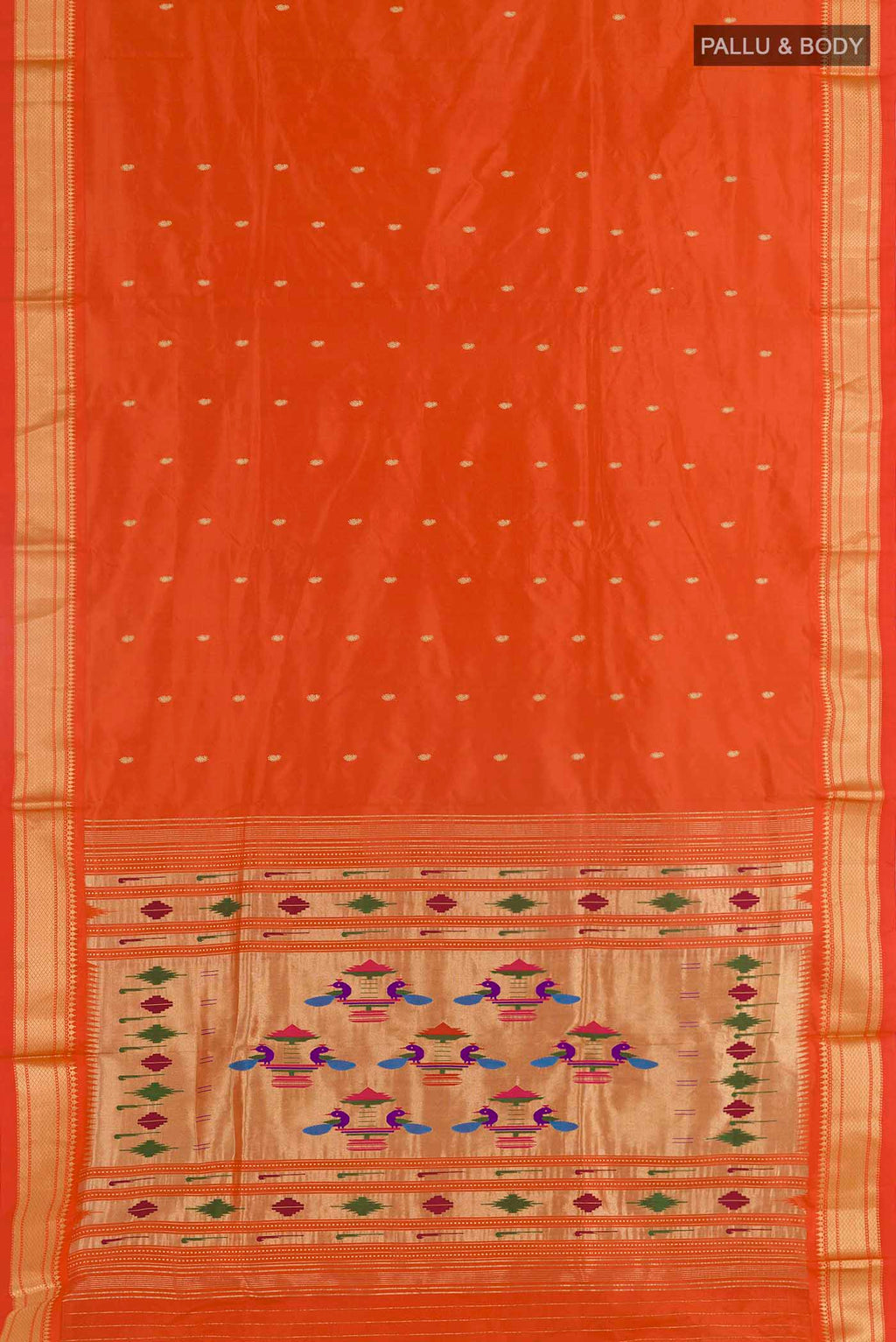 Flat view of Orange Paithani Silk Saree with Zari Butta on the body and Zari Border