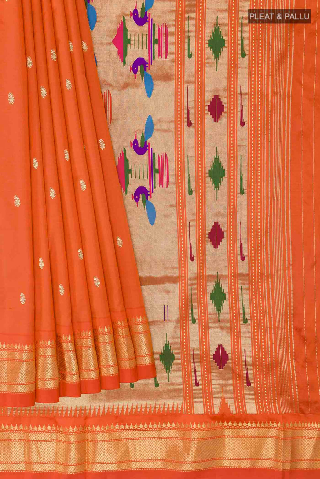 Pleats and pallu of Orange Paithani Silk Saree with Zari Butta on the body and Zari Border