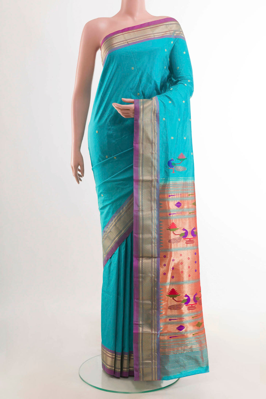 Blue Paithani Silk Saree with Zari Butta on the body and Paithani Border displayed on a mannequin