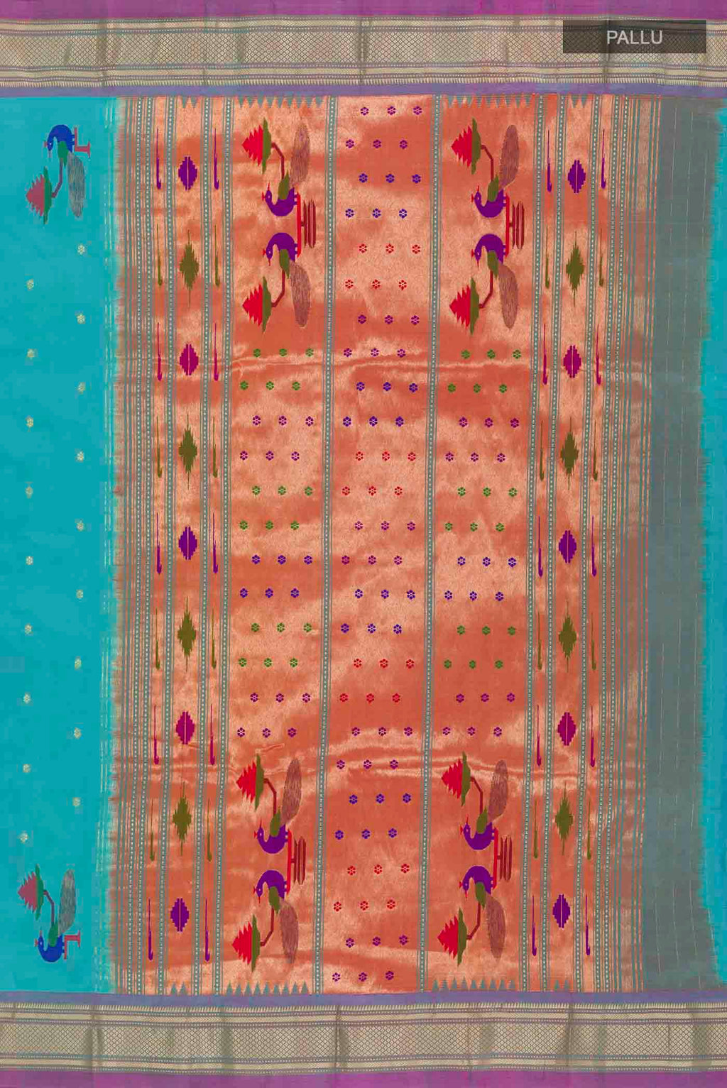 Close up image of the pallu of Blue Paithani Silk Saree with Zari Butta on the body and Paithani Border