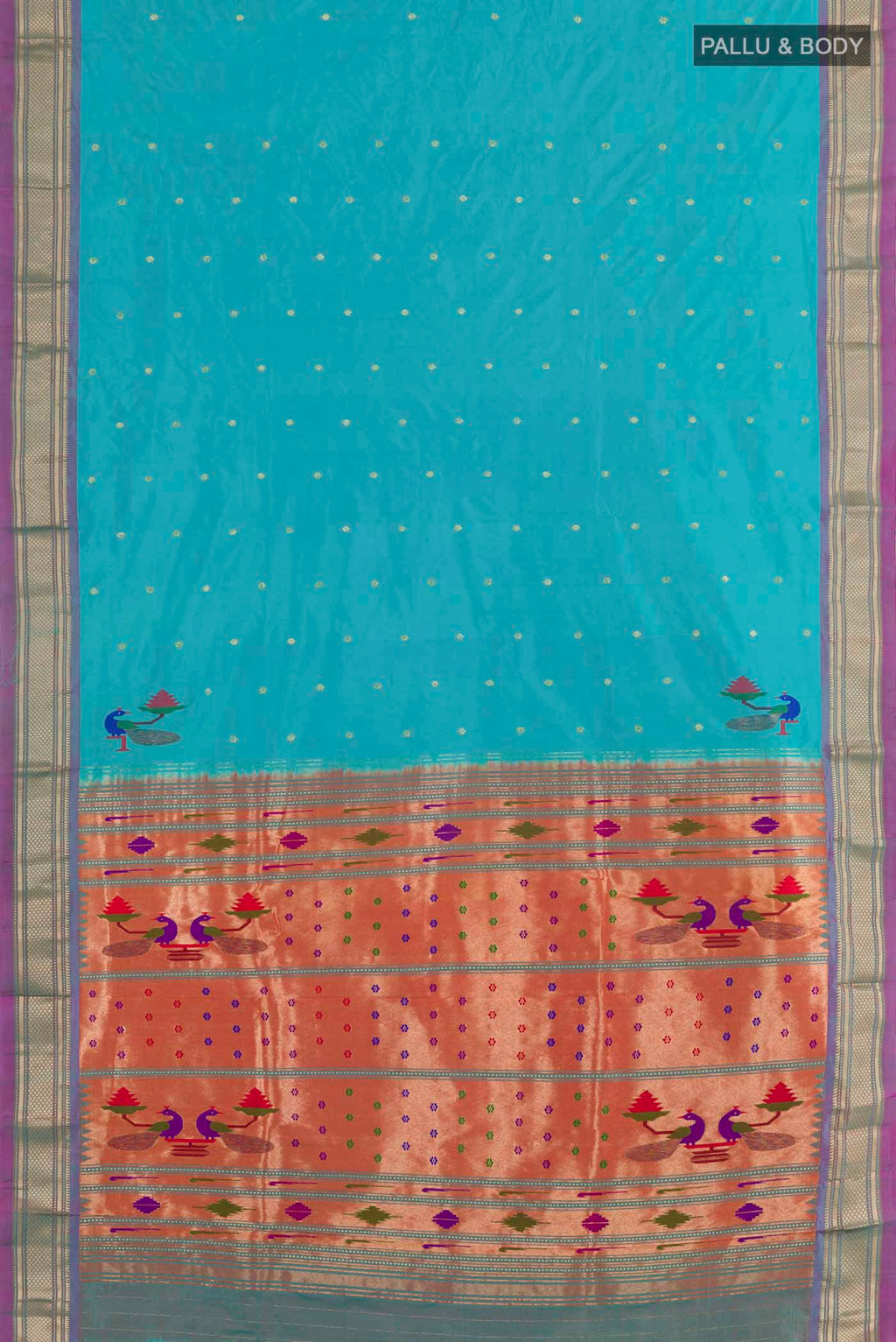 Flat view of Blue Paithani Silk Saree with Zari Butta on the body and Paithani Border