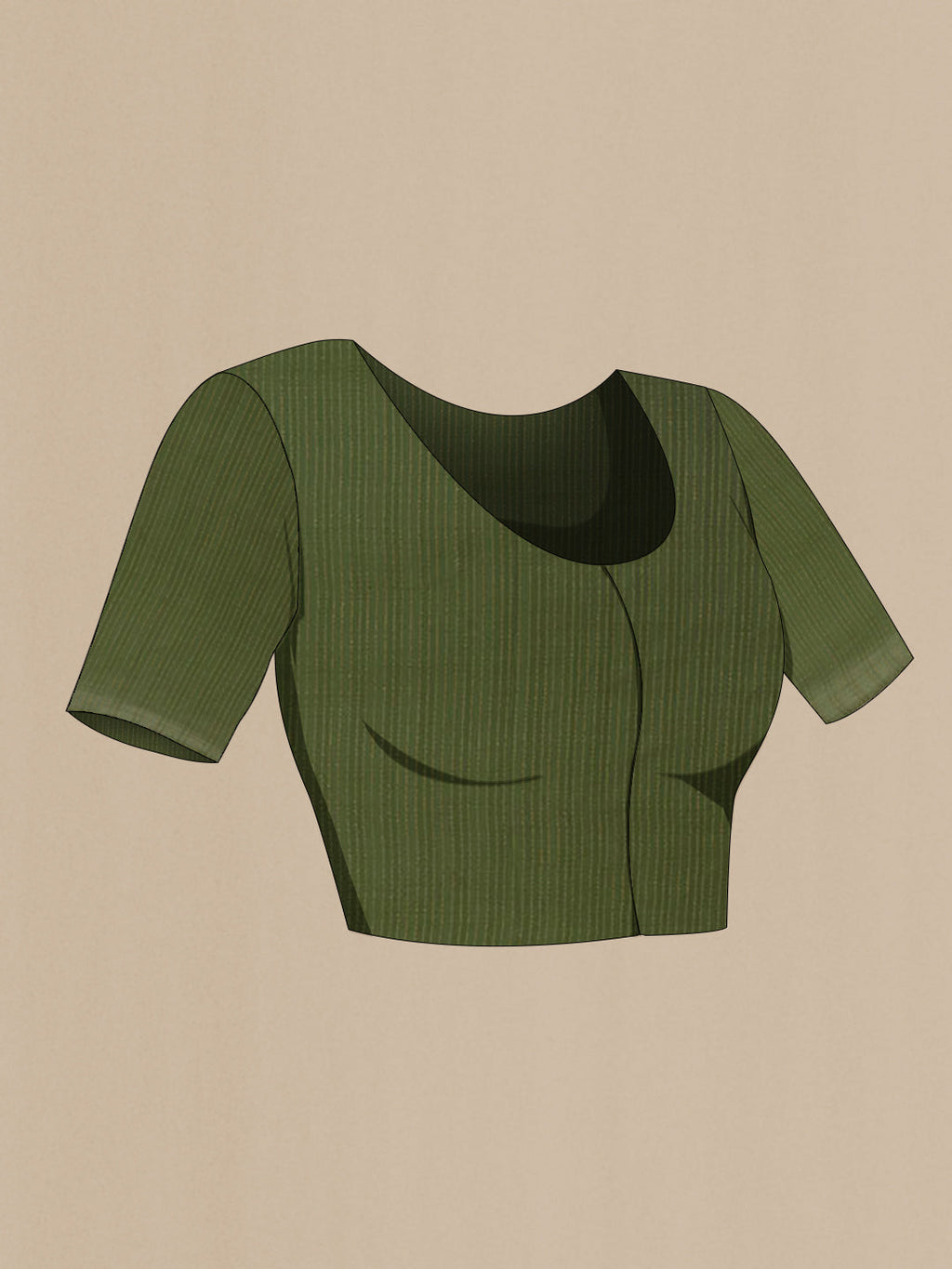 Close up image of the blouse of Olive Green Mysore Crepe Saree with Jacquard design on the body and Zari Border. 